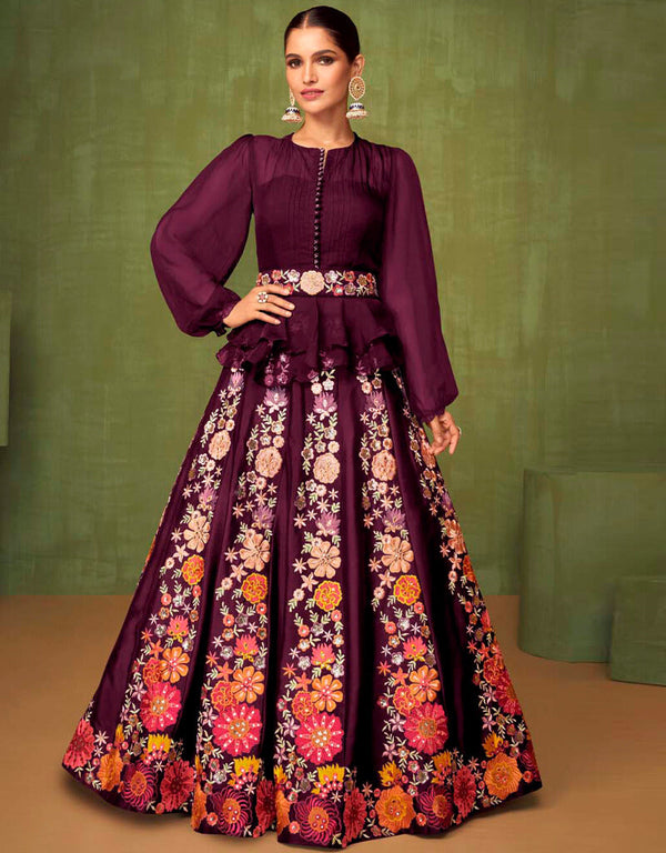 Wine Berry Lehenga style Suit Semi-Stitch Salwar Kameez in Sequins Embroidery, Real Mirror & Lace Work