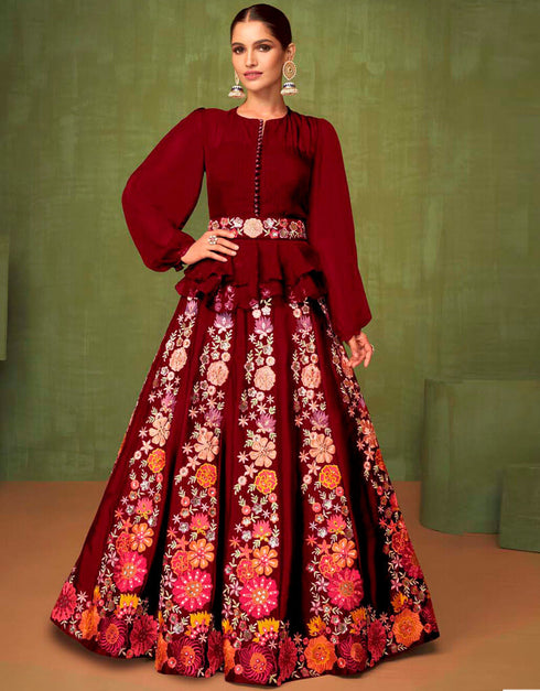 Dark Red Lehenga style Suit Semi-Stitch Salwar Kameez in Sequins Embroidery, Real Mirror & Lace Work