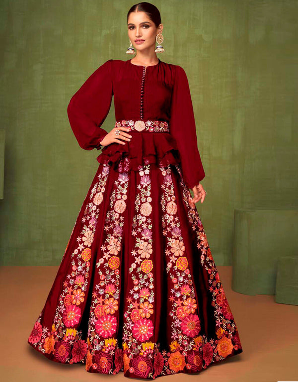 Dark Red Lehenga style Suit Semi-Stitch Salwar Kameez in Sequins Embroidery, Real Mirror & Lace Work