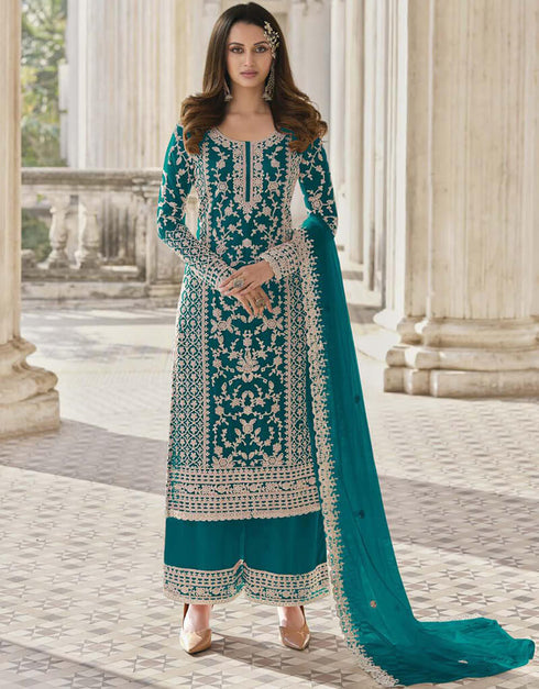 Sherpa Blue Palazzo style Straight Butterfly Net Salwar Kameez in Cording Embroidery & Lace Work