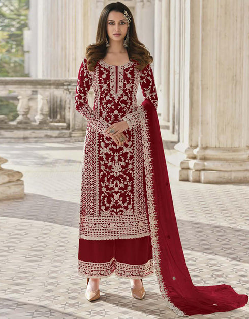 Maroon Palazzo style Straight Butterfly Net Salwar Kameez in Cording Embroidery & Lace Work
