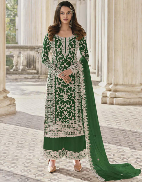 Lunar Green Palazzo style Straight Butterfly Net Salwar Kameez in Cording Embroidery & Lace Work