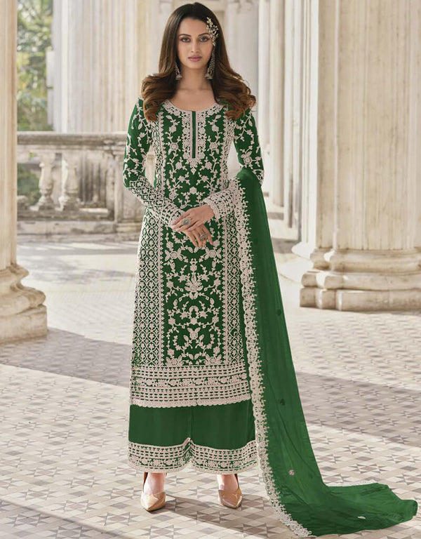 Lunar Green Palazzo style Straight Butterfly Net Salwar Kameez in Cording Embroidery & Lace Work