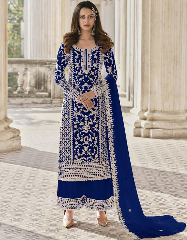 Gulf Blue Palazzo style Straight Butterfly Net Salwar Kameez in Cording Embroidery & Lace Work
