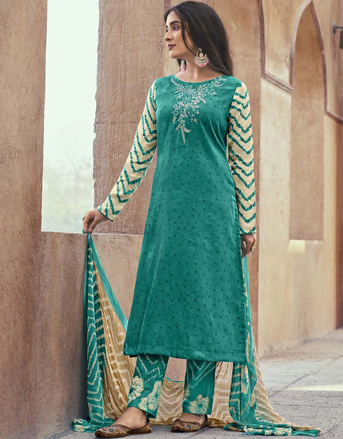 Surfie Green Pant style Straight Pure Cotton Satin Salwar Kameez in Embroidery, Print & Lace Work