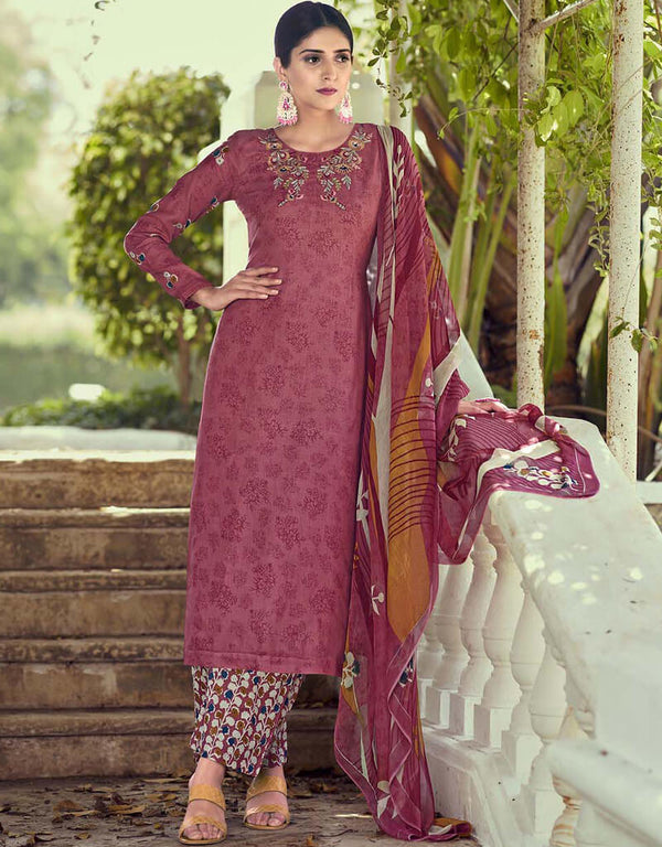 Light Maroon Pant style Straight Pure Cotton Satin Salwar Kameez in Embroidery, Print & Lace Work