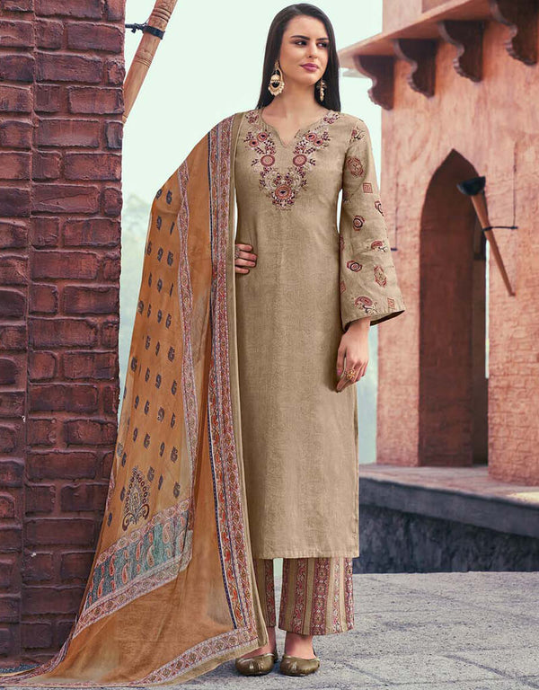 Rosy Brown Pant style Straight Pure Cotton Satin Salwar Kameez in Embroidery, Print & Lace Work