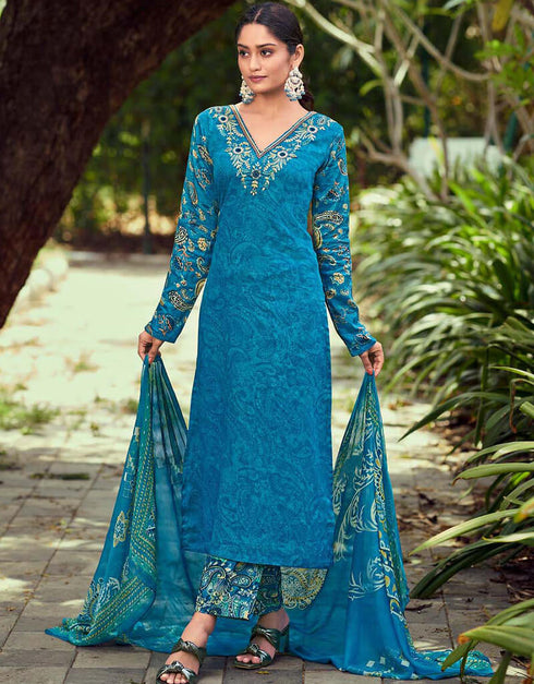 Teal Blue Pant style Straight Pure Cotton Satin Salwar Kameez in Embroidery, Print & Lace Work