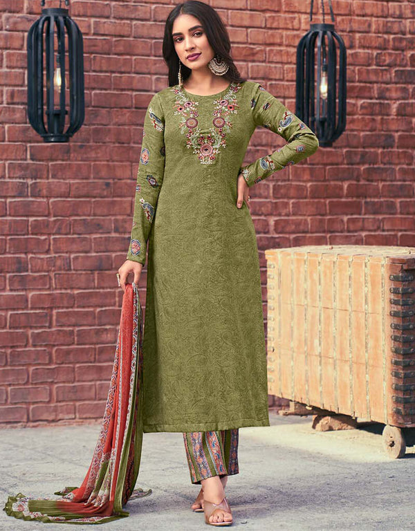 Brown Grey Pant style Straight Pure Cotton Satin Salwar Kameez in Embroidery, Print & Lace Work