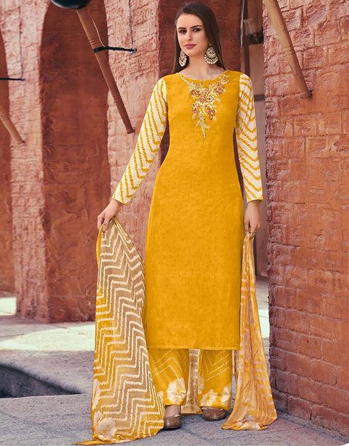 Bee Yellow Pant style Straight Pure Cotton Satin Salwar Kameez in Embroidery, Print & Lace Work