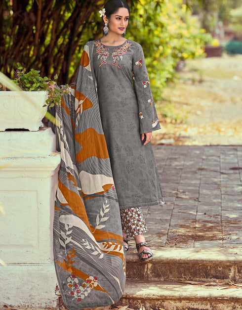 Friar Grey Pant style Straight Pure Cotton Satin Salwar Kameez in Embroidery, Print & Lace Work