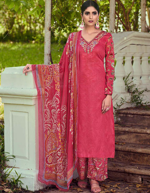 Deep Rose Pant style Straight Pure Cotton Satin Salwar Kameez in Embroidery, Print & Lace Work