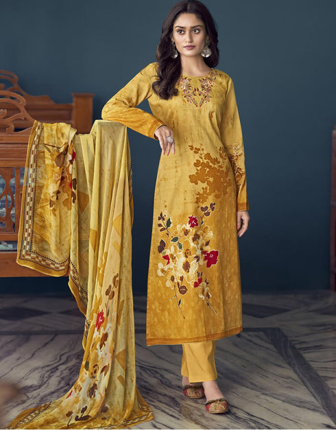 Tiger Orange Pant style Straight Pure Jam Satin Salwar Kameez in Embroidery, Print & Lace Work