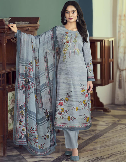 Oslo Grey Pant style Straight Pure Jam Satin Salwar Kameez in Embroidery, Print & Lace Work