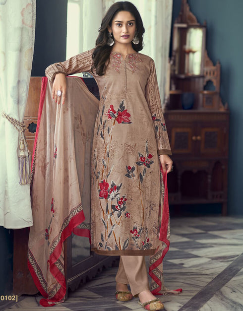 Rosy Brown Pant style Straight Pure Jam Satin Salwar Kameez in Embroidery, Print & Lace Work