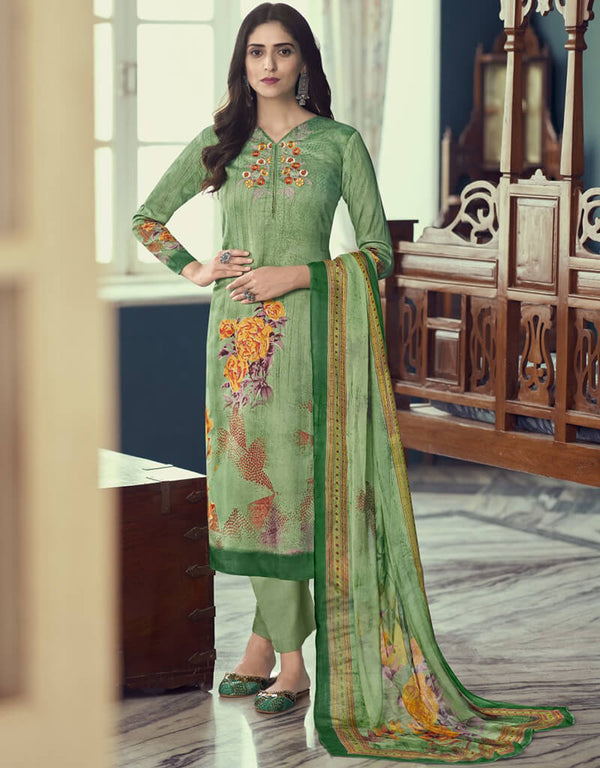 Drab Green Pant style Straight Pure Jam Satin Salwar Kameez in Embroidery, Print & Lace Work