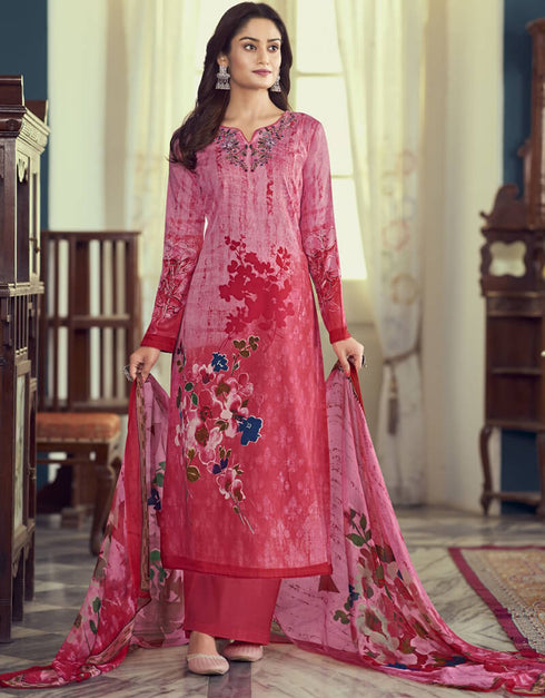 Dark Rose Pant style Straight Pure Jam Satin Salwar Kameez in Embroidery, Print & Lace Work