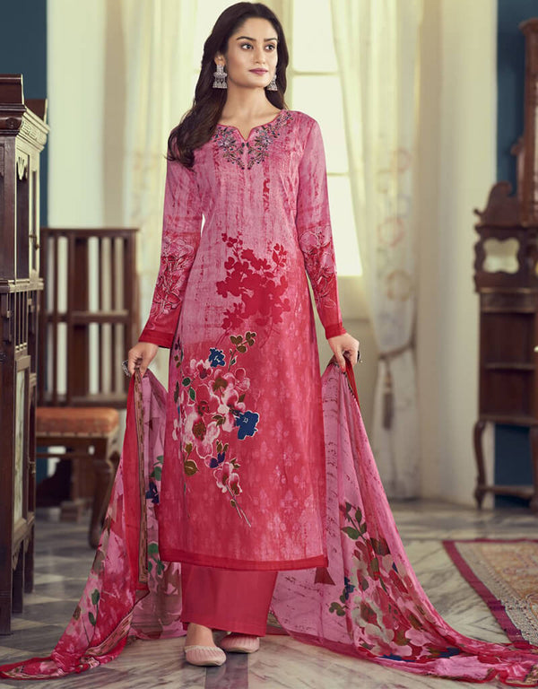 Dark Rose Pant style Straight Pure Jam Satin Salwar Kameez in Embroidery, Print & Lace Work