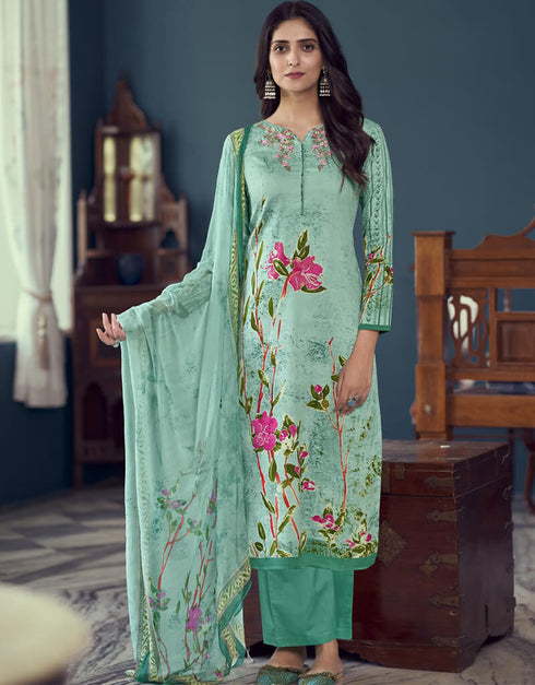 Summer Green Pant style Straight Pure Jam Satin Salwar Kameez in Embroidery, Print & Lace Work