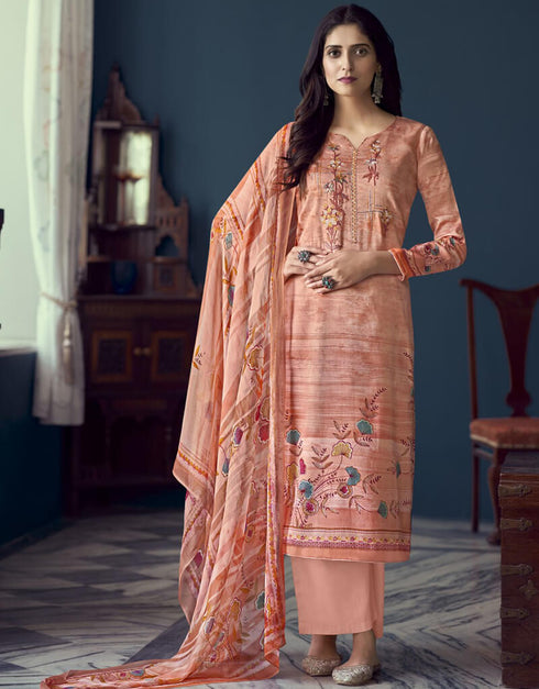 Ruddy Pink Pant style Straight Pure Jam Satin Salwar Kameez in Embroidery, Print & Lace Work