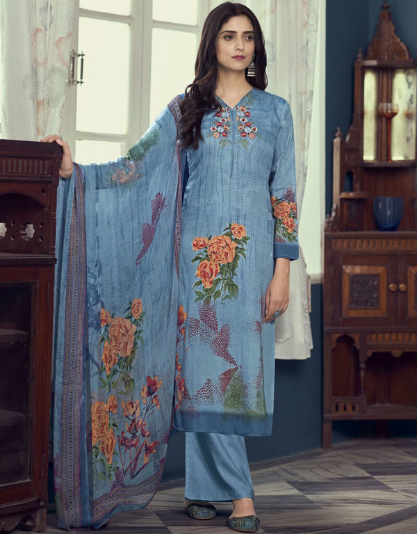 Grey Blue Pant style Straight Pure Jam Satin Salwar Kameez in Embroidery, Print & Lace Work