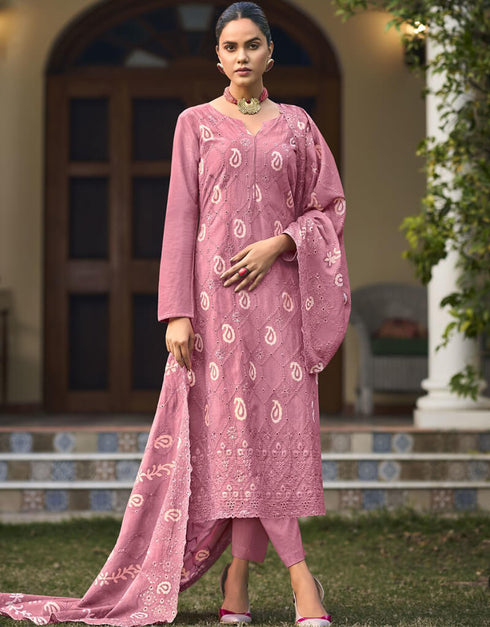 Muted Pink Pant style Straight Pure Cambric Salwar Kameez in Embroidery, Print & Lace Work