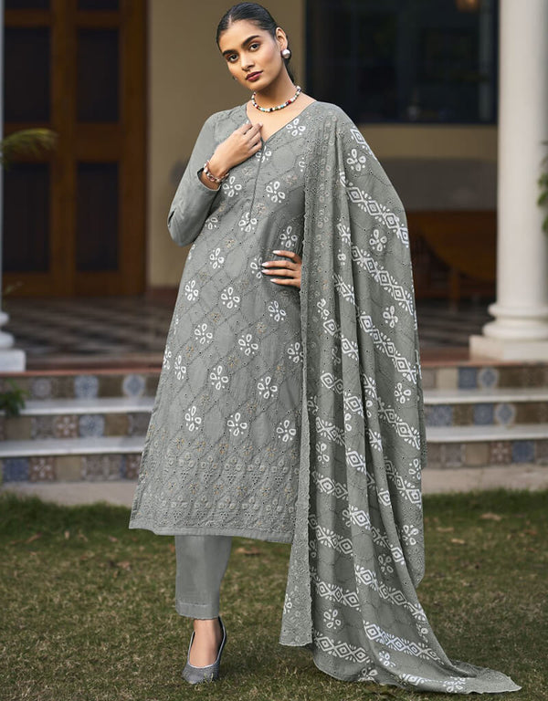 Oslo Grey Pant style Straight Pure Cambric Salwar Kameez in Embroidery, Print & Lace Work