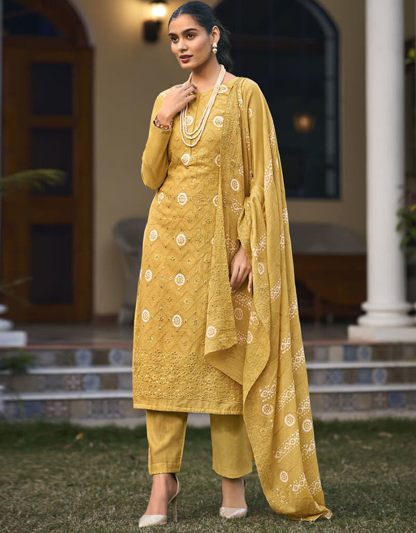 Tiger Orange Pant style Straight Pure Cambric Salwar Kameez in Embroidery, Print & Lace Work