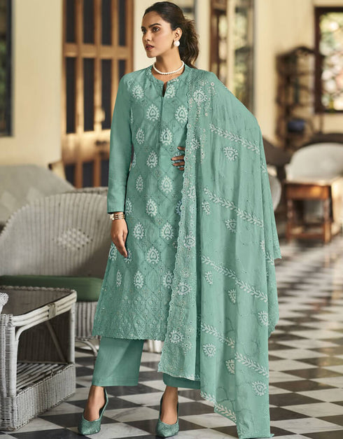 Viridian Green Pant style Straight Pure Cambric Salwar Kameez in Embroidery, Print & Lace Work