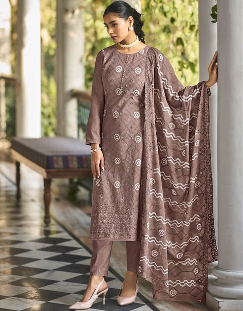 Tobacco Brown Pant style Straight Pure Cambric Salwar Kameez in Embroidery, Print & Lace Work