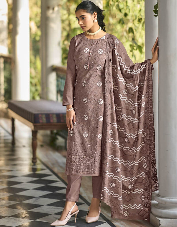 Tobacco Brown Pant style Straight Pure Cambric Salwar Kameez in Embroidery, Print & Lace Work