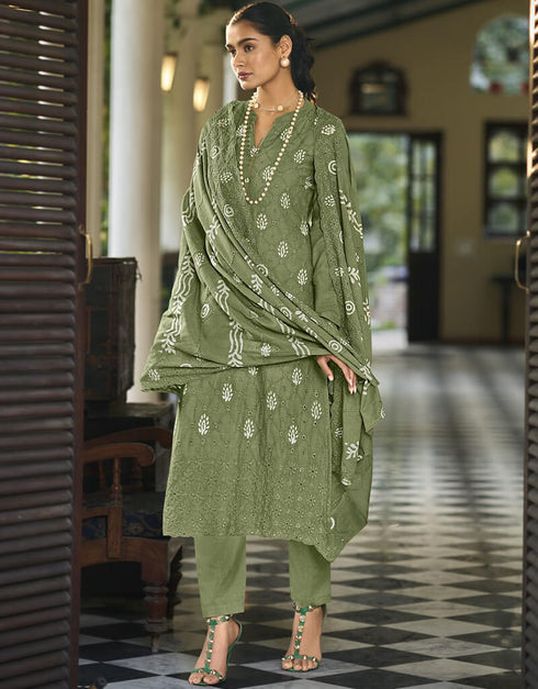 Army Brown Pant style Straight Pure Cambric Salwar Kameez in Embroidery, Print & Lace Work