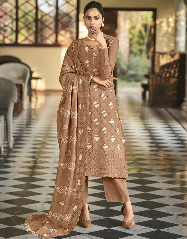 Brandy Rose Pant style Straight Pure Cambric Salwar Kameez in Embroidery, Print & Lace Work