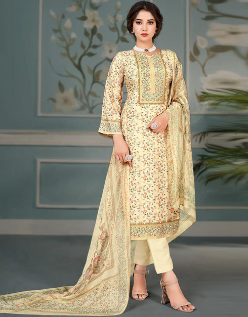 Tan Brown Pant style Straight Pure Bamberg Maslin Salwar Kameez in Embroidery, Digital Print, Hand Work & Lace Work