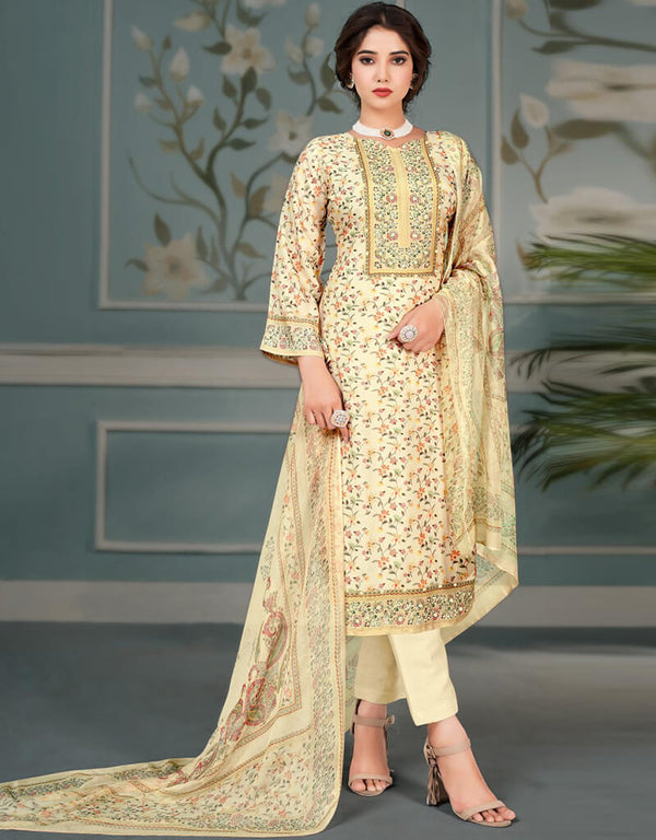 Tan Brown Pant style Straight Pure Bamberg Maslin Salwar Kameez in Embroidery, Digital Print, Hand Work & Lace Work