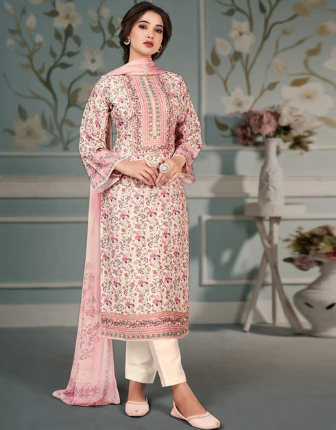 Sea Pink Pant style Straight Pure Bamberg Maslin Salwar Kameez in Embroidery, Digital Print, Hand Work & Lace Work