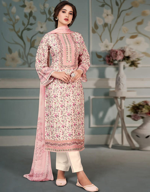 Sea Pink Pant style Straight Pure Bamberg Maslin Salwar Kameez in Embroidery, Digital Print, Hand Work & Lace Work