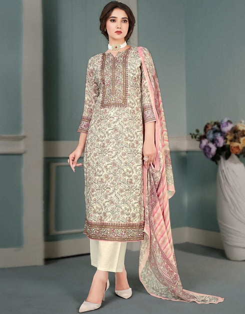 Antique White Pant style Straight Pure Bamberg Maslin Salwar Kameez in Embroidery, Digital Print, Hand Work & Lace Work