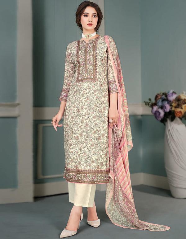 Antique White Pant style Straight Pure Bamberg Maslin Salwar Kameez in Embroidery, Digital Print, Hand Work & Lace Work