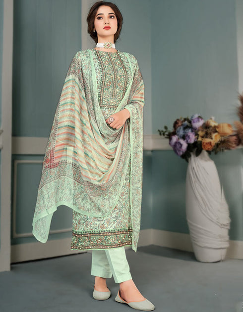 Pixie Green Pant style Straight Pure Bamberg Maslin Salwar Kameez in Embroidery, Digital Print, Hand Work & Lace Work