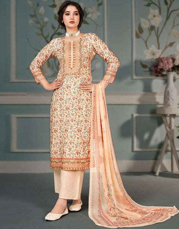 Peach Yellow Pant style Straight Pure Bamberg Maslin Salwar Kameez in Embroidery, Digital Print, Hand Work & Lace Work