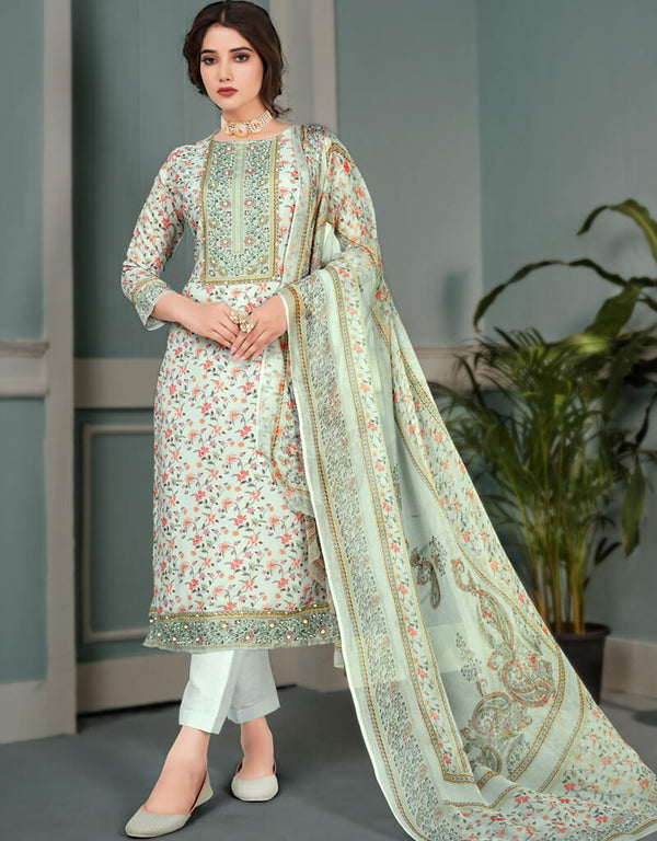 Green White Pant style Straight Pure Bamberg Maslin Salwar Kameez in Embroidery, Digital Print, Hand Work & Lace Work