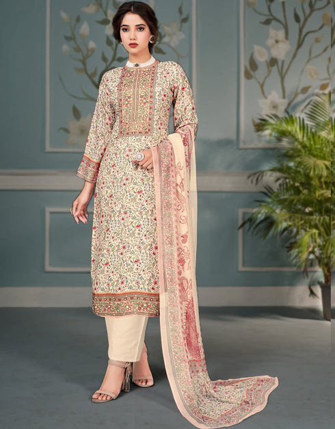 Dairy Cream Pant style Straight Pure Bamberg Maslin Salwar Kameez in Embroidery, Digital Print, Hand Work & Lace Work