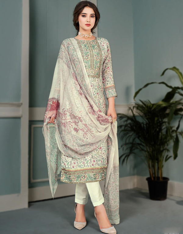 Quill Grey Pant style Straight Pure Bamberg Maslin Salwar Kameez in Embroidery, Digital Print, Hand Work & Lace Work