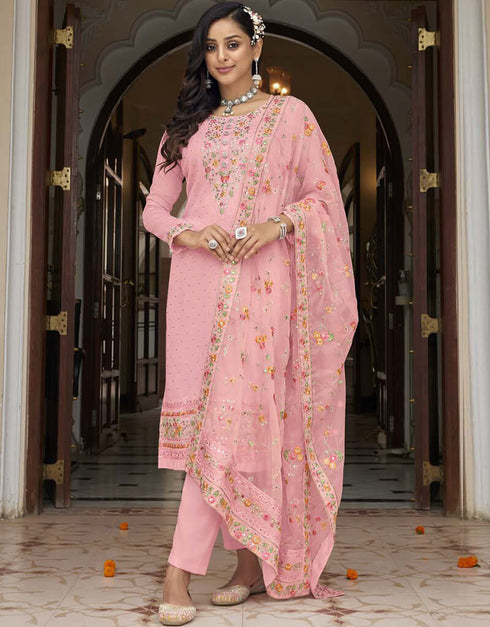 Pink Rose Pant style Suit Faux Georgette Salwar Kameez in Swarovski Embroidery, Mirror & Lace Work