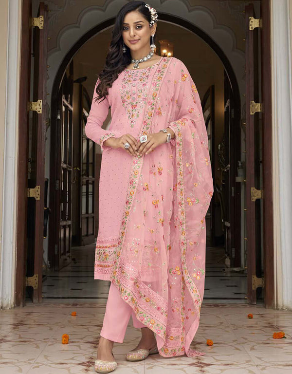 Pink Rose Pant style Suit Faux Georgette Salwar Kameez in Swarovski Embroidery, Mirror & Lace Work