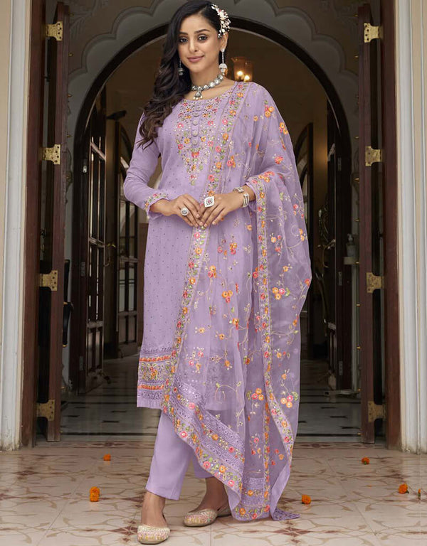 Pastel Purple Pant style Suit Faux Georgette Salwar Kameez in Swarovski Embroidery, Mirror & Lace Work