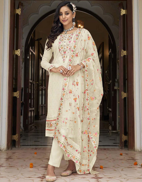 Quill Grey Pant style Suit Faux Georgette Salwar Kameez in Swarovski Embroidery, Mirror & Lace Work