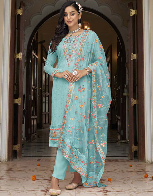 Shadow Green Pant style Suit Faux Georgette Salwar Kameez in Swarovski Embroidery, Mirror & Lace Work