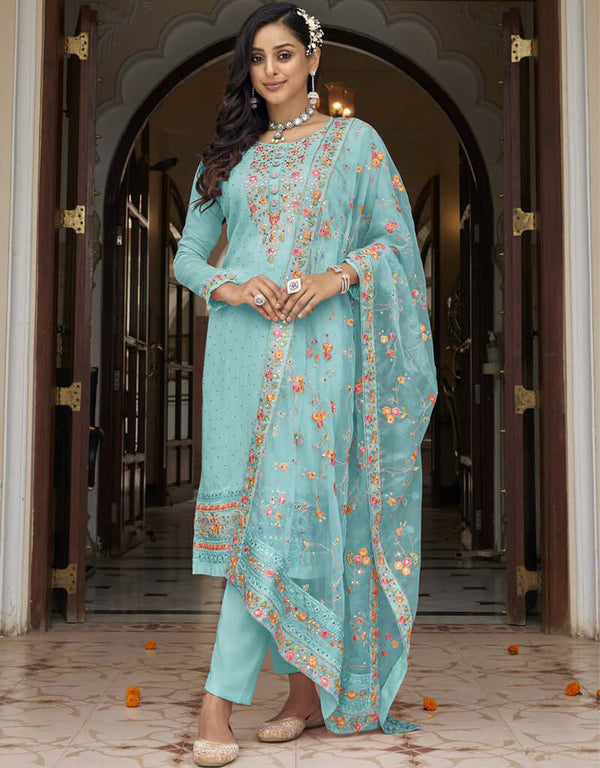 Shadow Green Pant style Suit Faux Georgette Salwar Kameez in Swarovski Embroidery, Mirror & Lace Work